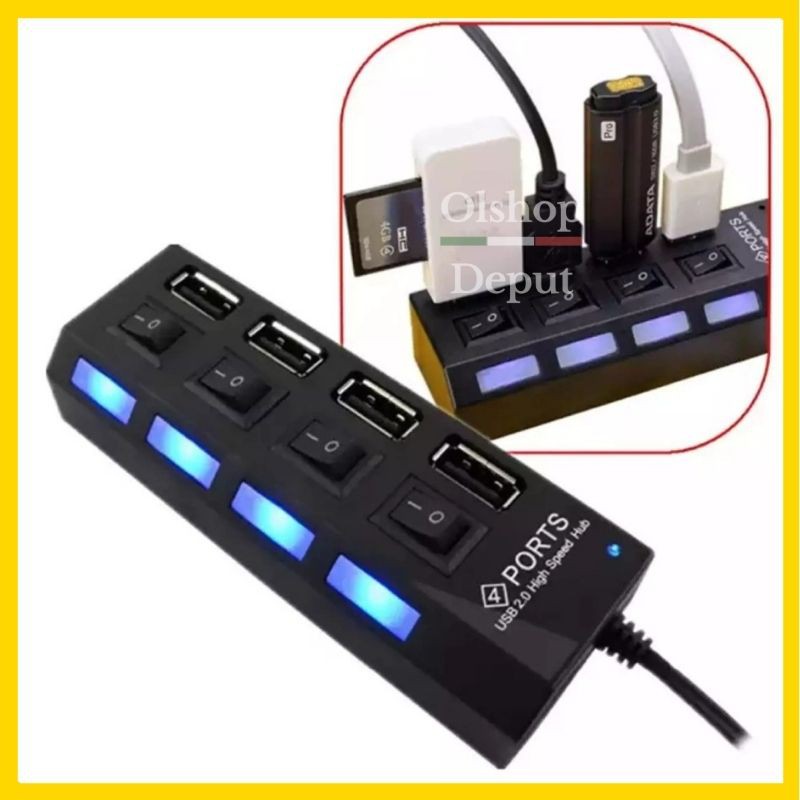 Usb Hub 4 Port Hi-Speed 2.0 Usb Hub Switch Blueled On Off Data Transfer ...