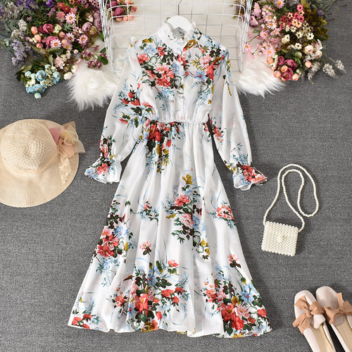korean floral dress women fashion long sleeve spring autumn slim dresses ladies beach wear chiffon dress Shopee Malaysia