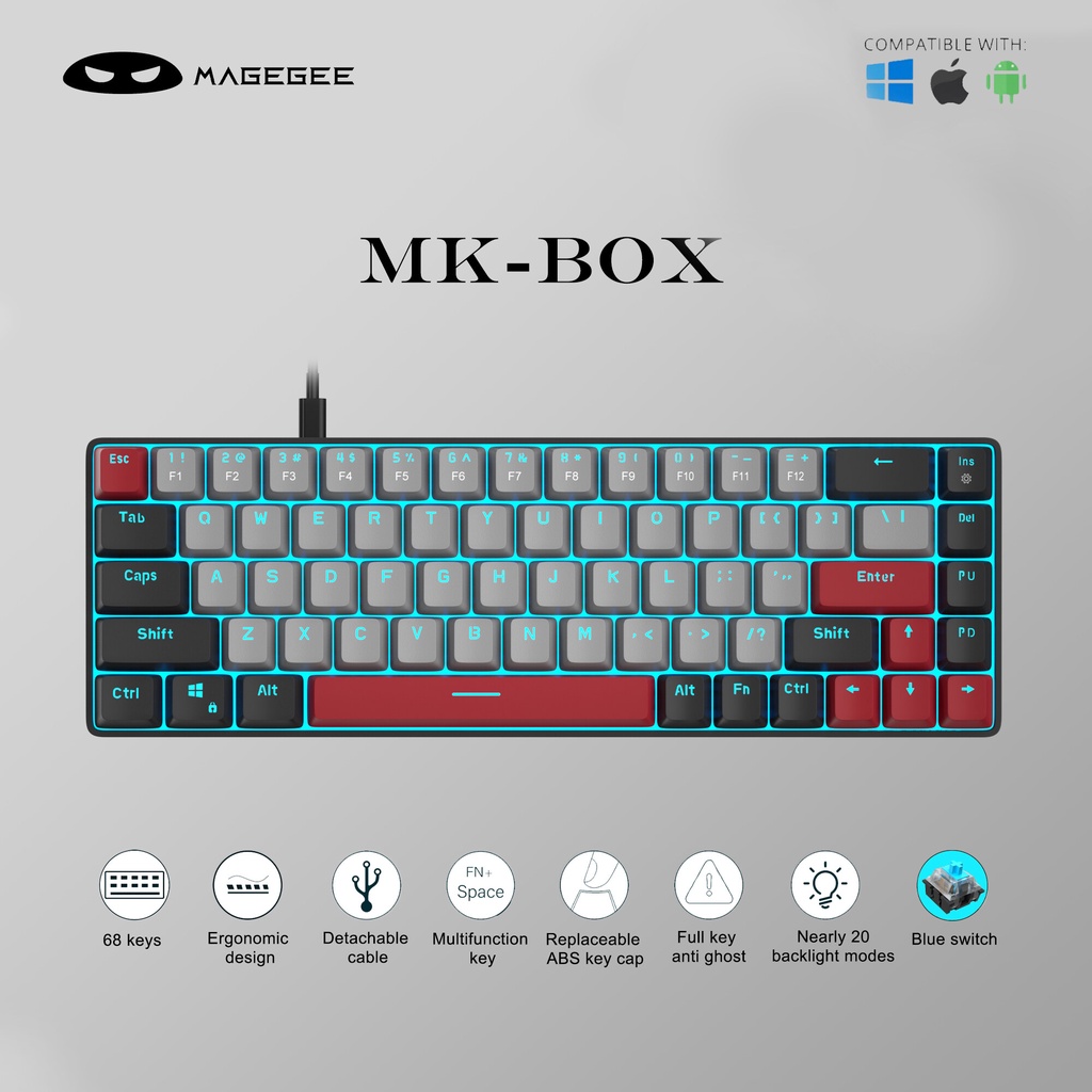 MageGee MK-Box 60% Mechanical Gaming Keyboard Wired / Wireless Hot-swappable 68 Keys Keyboard LED Backlit Type-C Mechanical Keyboard with Blue/Red Switch for Laptop Windows Mac and Gamer