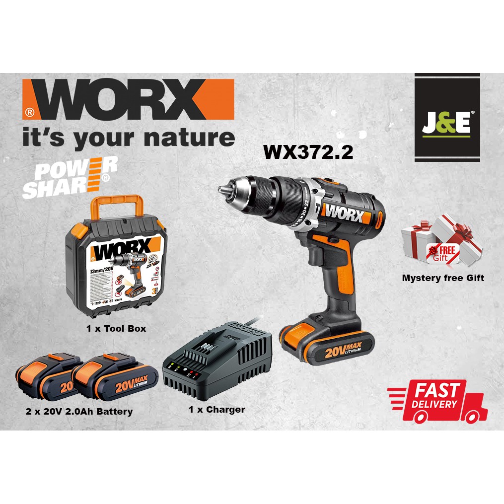 WORX WX372.2 20V Max Cordless Hammer Drill with Powershare Battery