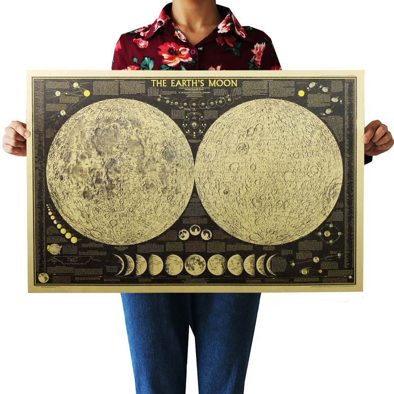 DLKKLB Large Vintage Retro Paper Earth Moon World Map Poster Wall Chart ...