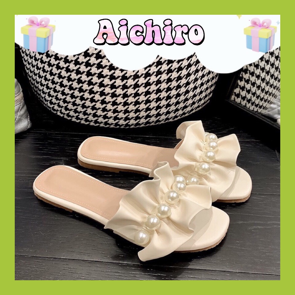 Super pretty Korean-style women's ruffle slippers with pearls for the ...