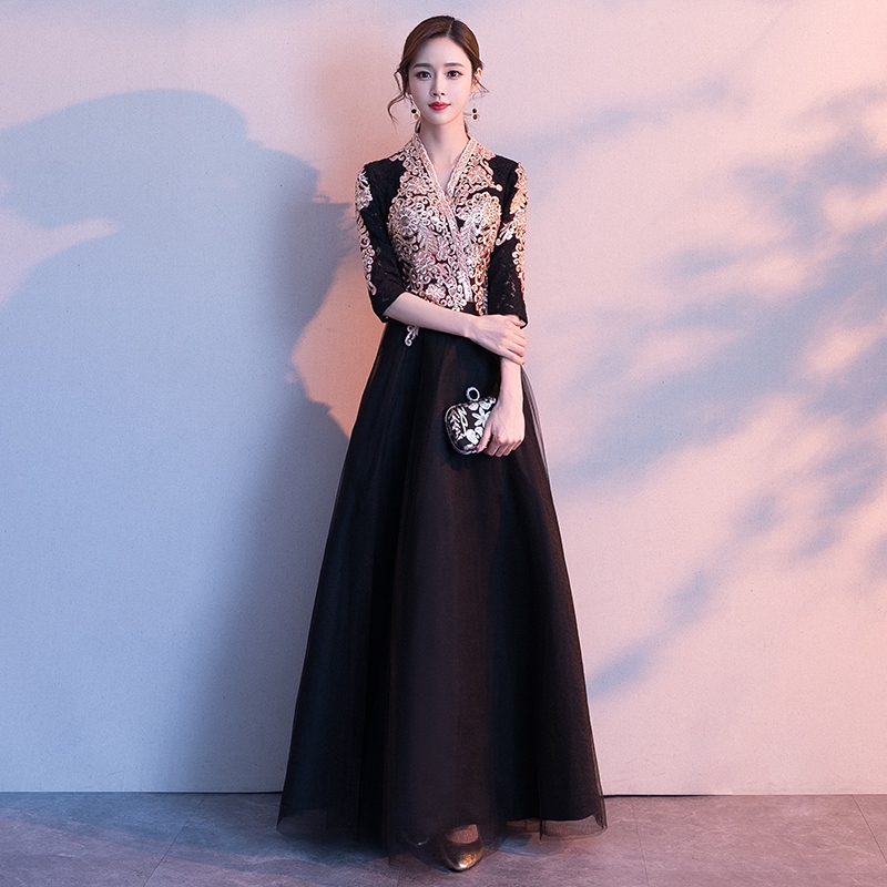 New Gold Embroidery Black Dinner Party Jubah Dress Women Girl