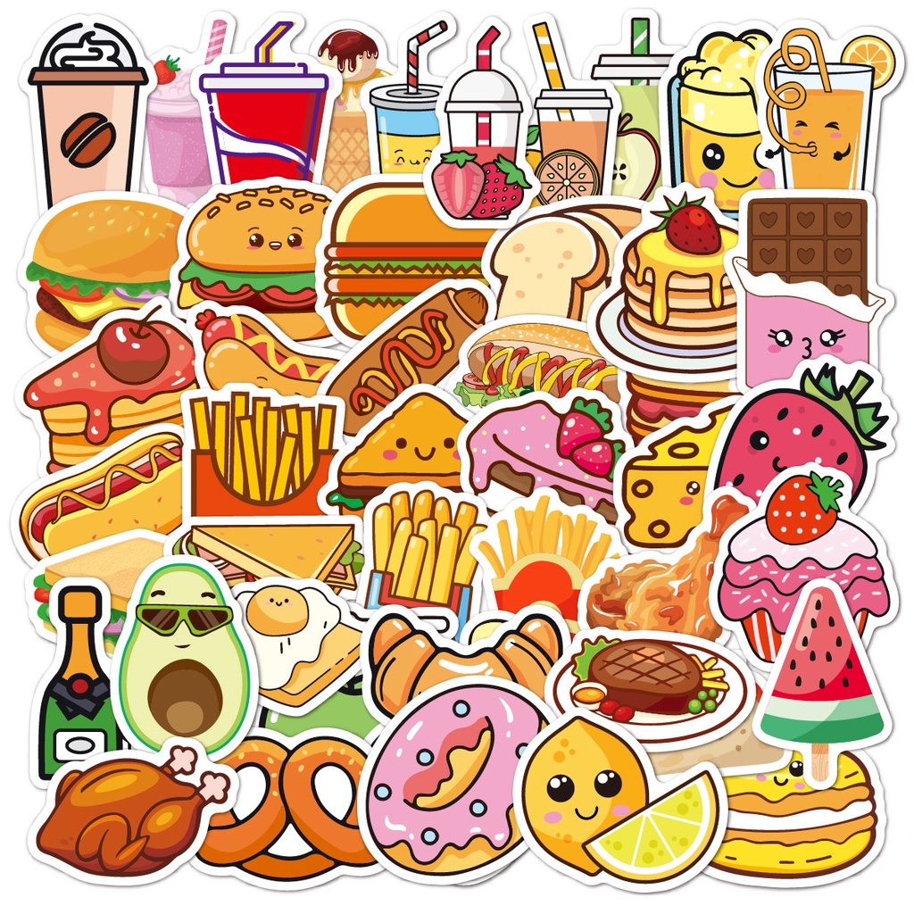 50 pcs Cute Cartoon Food And Drinks Waterproof PVC Stickers | Shopee ...