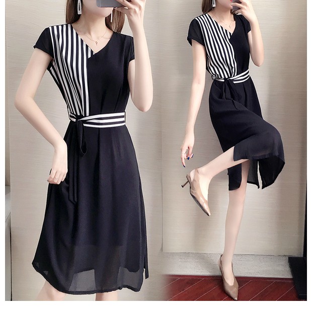 2019 Summer new Korean style big size fashion stripe joint dresses Shopee Malaysia