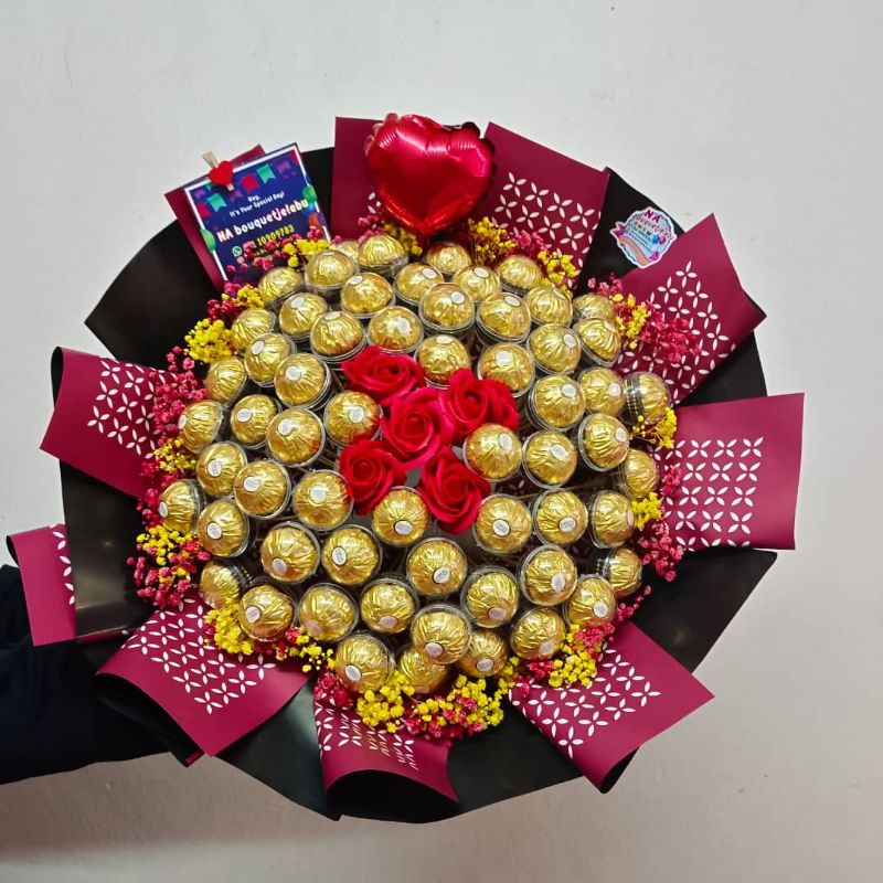 Big Bouquet 60 Pcs Ferrero Rocher + Baby Breath + Rose Soap (Bouquet ...