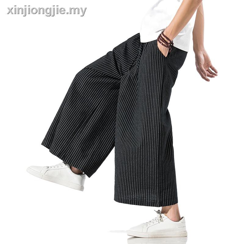 Men Chinese Style Trousers Striped Straight Legs Cotton Linen