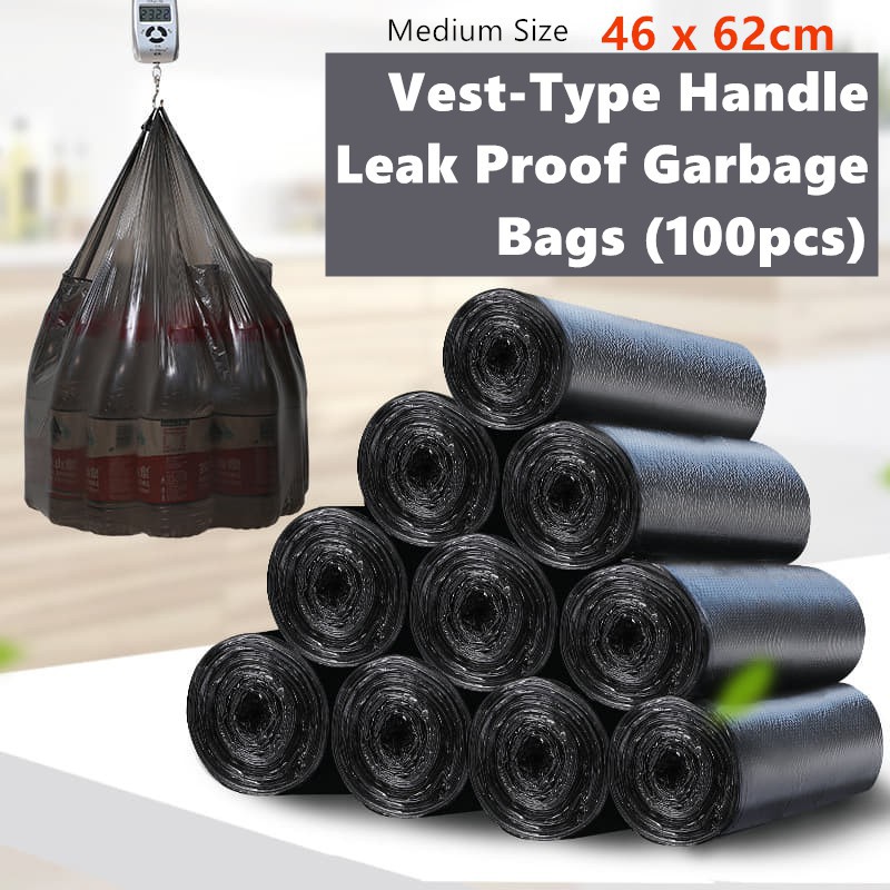 100pc Garbage Bags Black Vest Handle Medium Size Rubbish Plastic Clean ...