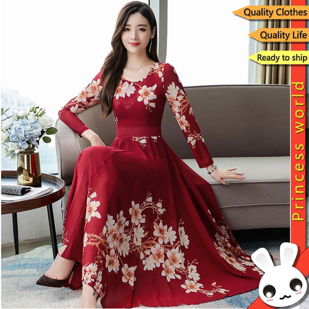Women's Maxi Dress Summer Shredded Flower Long Sleeve Loose Long Dress  Printed A-line Dress | Shopee Malaysia