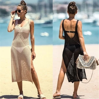 Women Sexy Hollow Out Mesh Tassle Skirts Beach Cover Up Summer Fish Net  Swimsuit Wrap Swimwear - White