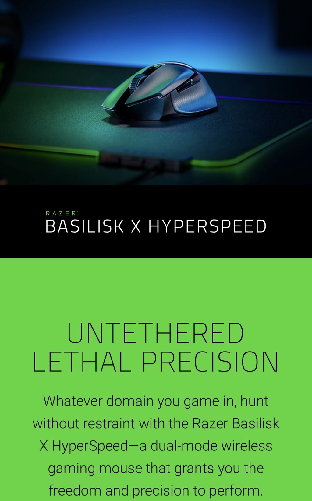 Razer Basilisk X HyperSpeed Wireless Gaming Mouse for PC, 6 Buttons,  2.4GHz, Bluetooth, Black