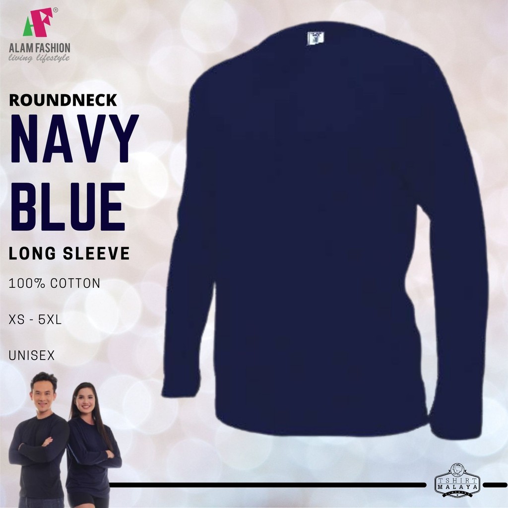 Navy Blue Long Sleeve Unisex Plain Tshirt Round Neck Biru Gelap Baju Kosong Cotton Alam