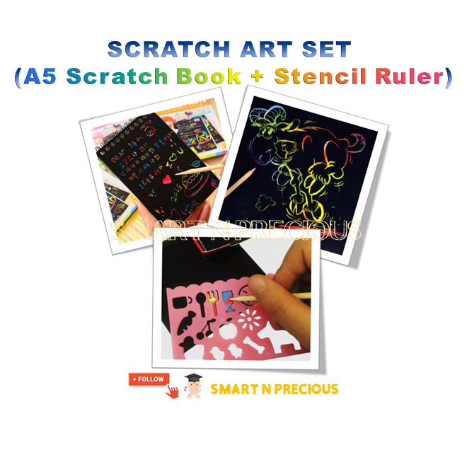 Colourful Scratch Art Set (A5 Scratch Book + Stencil Ruler) | Shopee ...