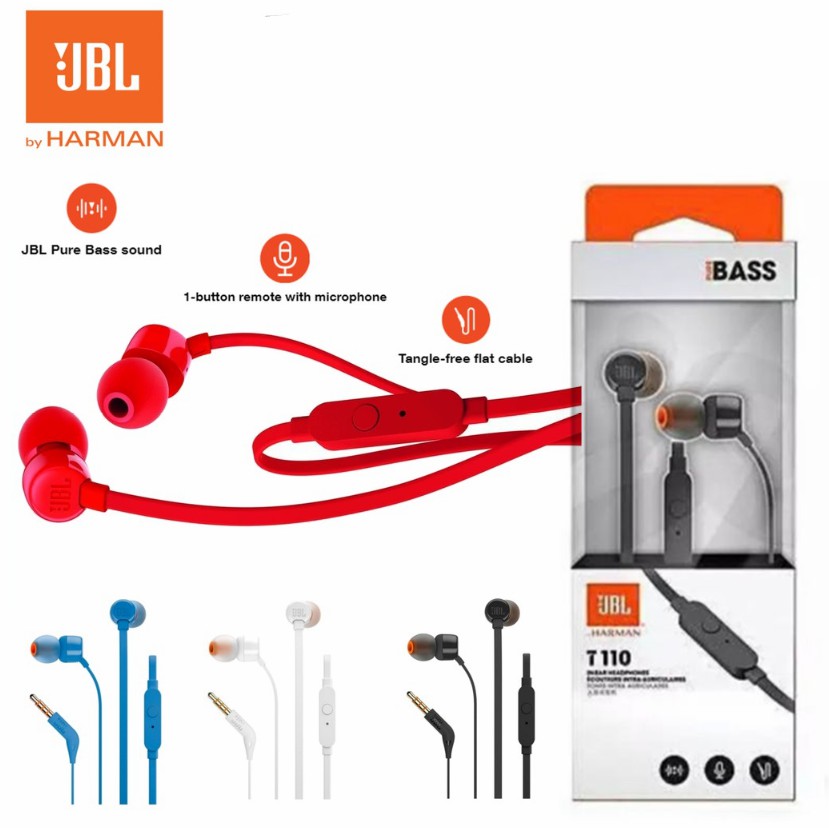 JBL T110 3.5mm Wired Earphones Stereo Music Deep Bass Earbuds