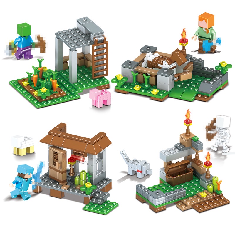 4 IN 1 Blocks Toys Set DIY Minecraft Village Model Bricks Children ...