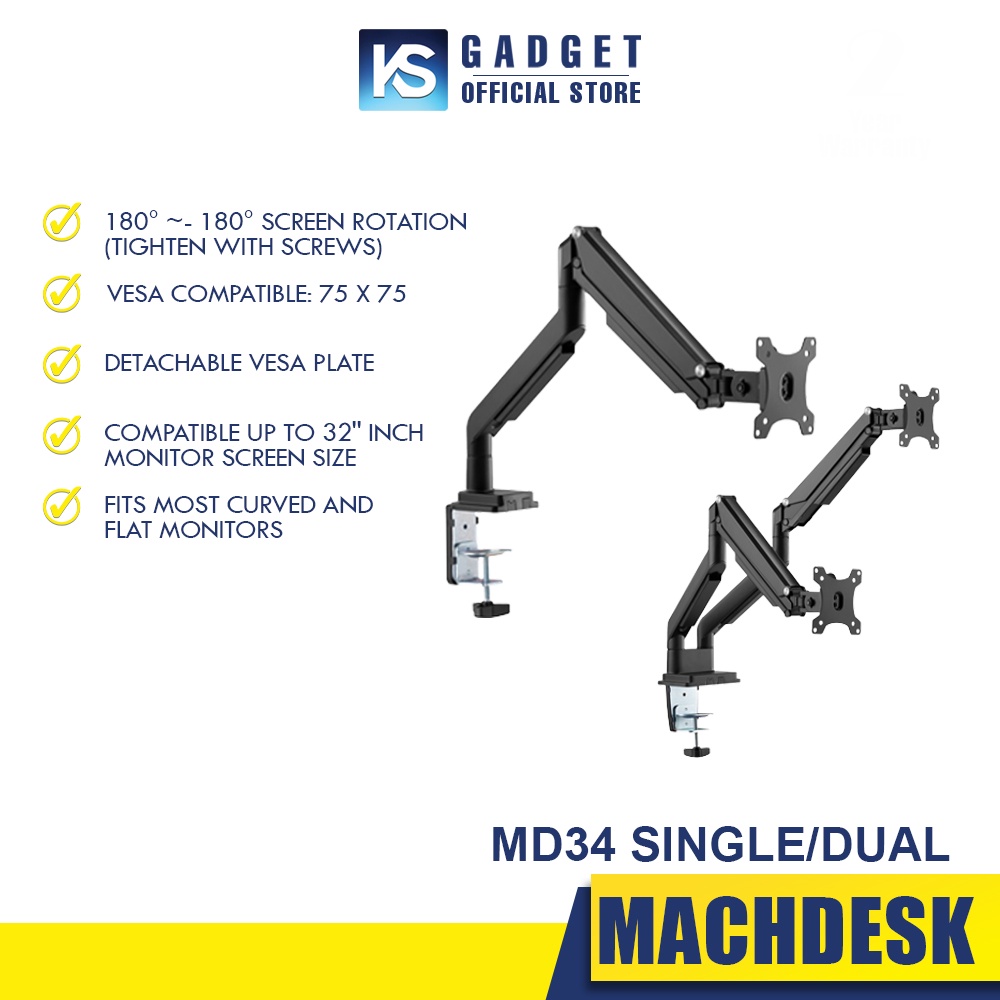 MACHDESK MD34SINGLE/ DUAL PERFORMANCE GAS SPRING MONITOR ARM BLACK