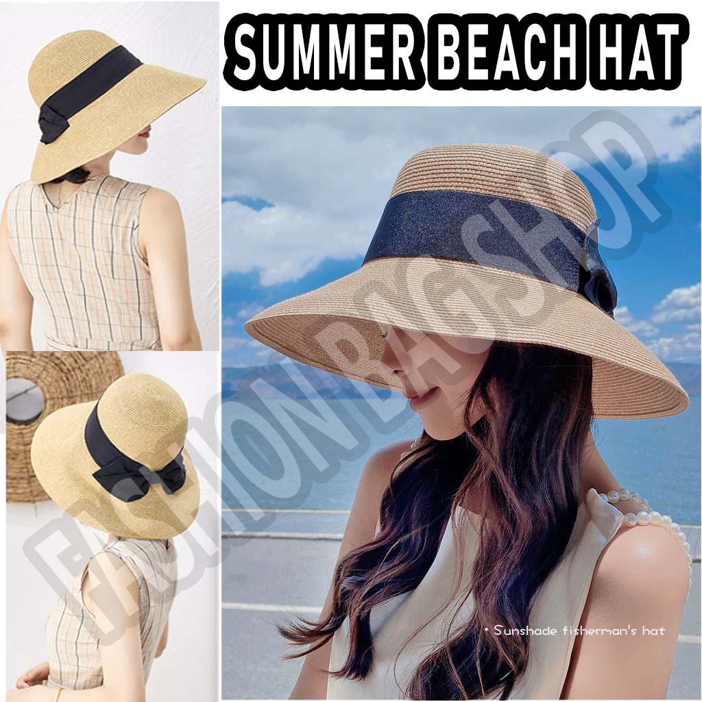READY STOCK] Women Straw Summer Beach Hat Sun Fisherman Fashion Travel  Foldable Outdoor Topi Pantai Matahari