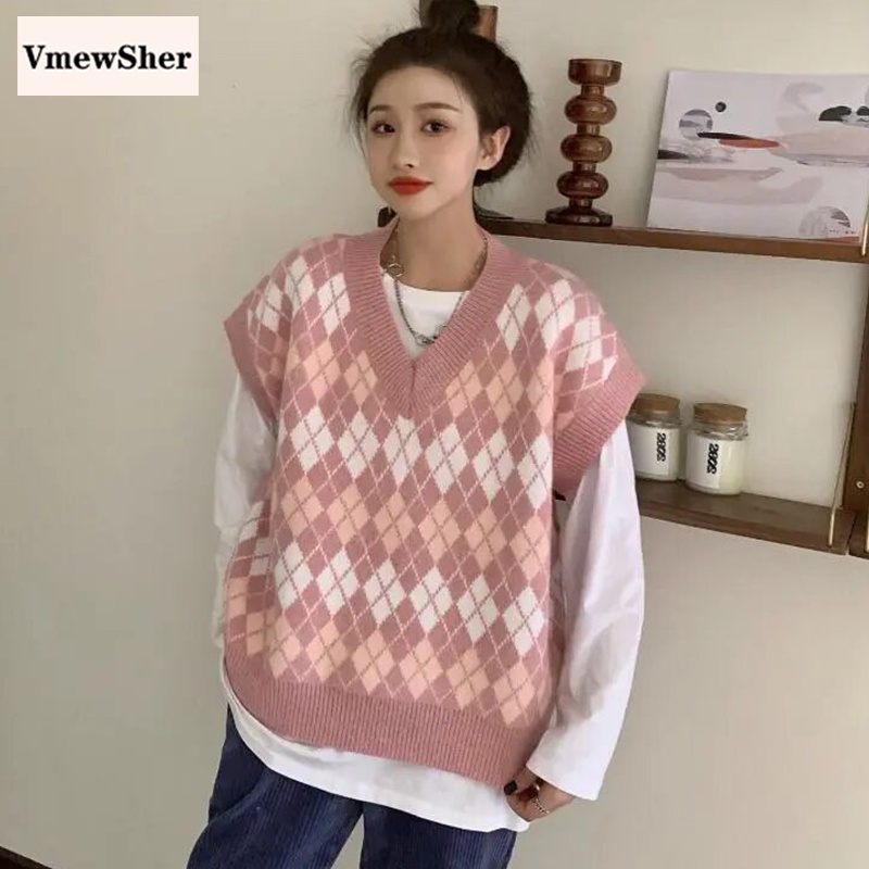 VmewSher New Spring Women Sweater Vest Argyle Sleeveless Knitted Pullover  Cute Pink Jumper Tops Preppy Style Knitwear | Shopee Malaysia
