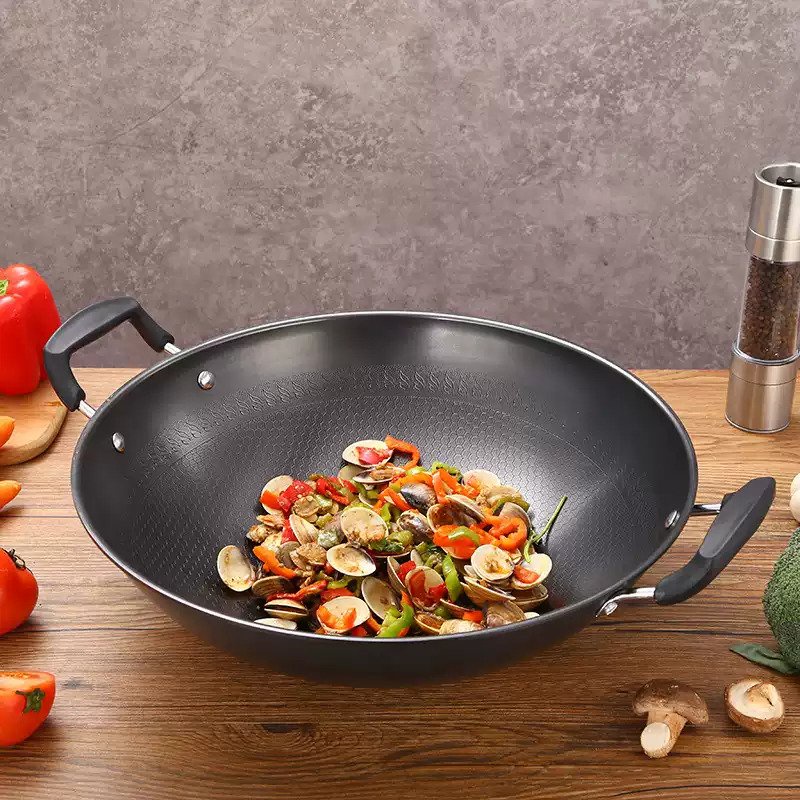 Double Handle Non Stick Wok Frying Wok Kuali Bertangkai Honey Comb Wok Traditional