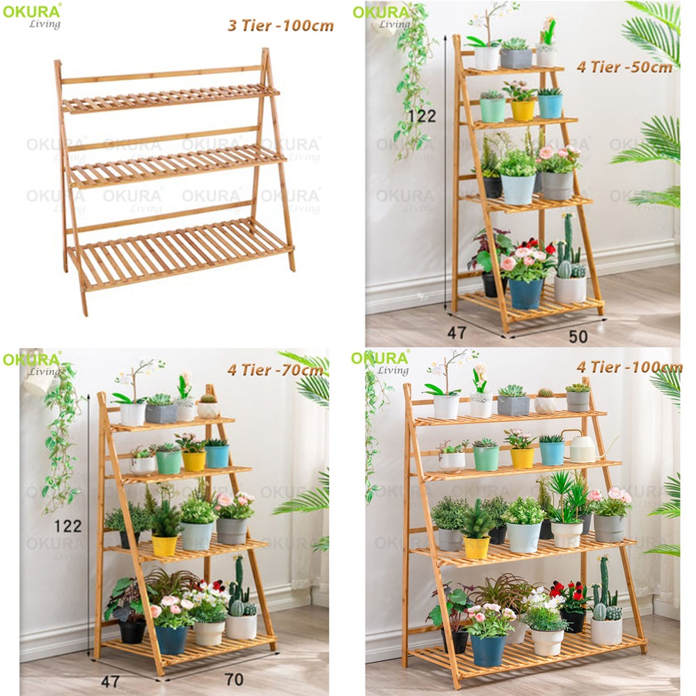 OKURA 2,3,4 Tier Bamboo Flower Garden Rack Rak Pasu Bunga Indoor ...