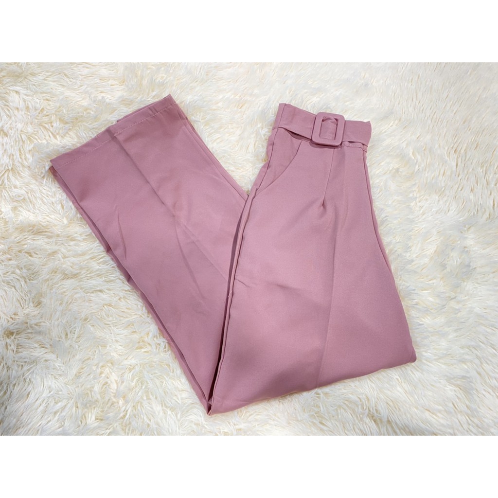 Cylindrical Pants Detailed Belt Back Zip 2 Side Pockets High Waist