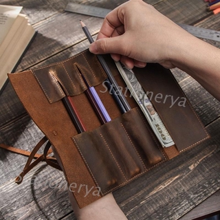 Handmade Genuine Leather Pen Pouch Vintage Roll-up Pencil Case Bag Pen  Curtain