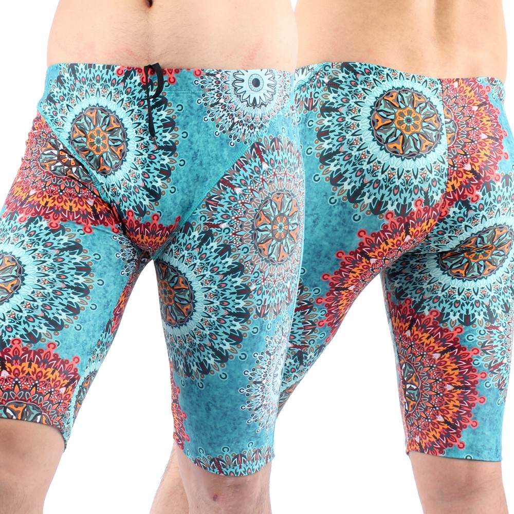 Nylon Lycra Mens Swimming Trunks Amazing Print Male Swimsuit Knee