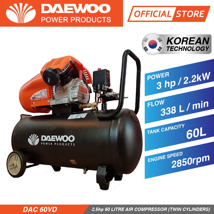 DAEWOO DAC60VD 3HP AIR COMPRESSOR - TANK CAPACITY (60LITER) | Shopee ...