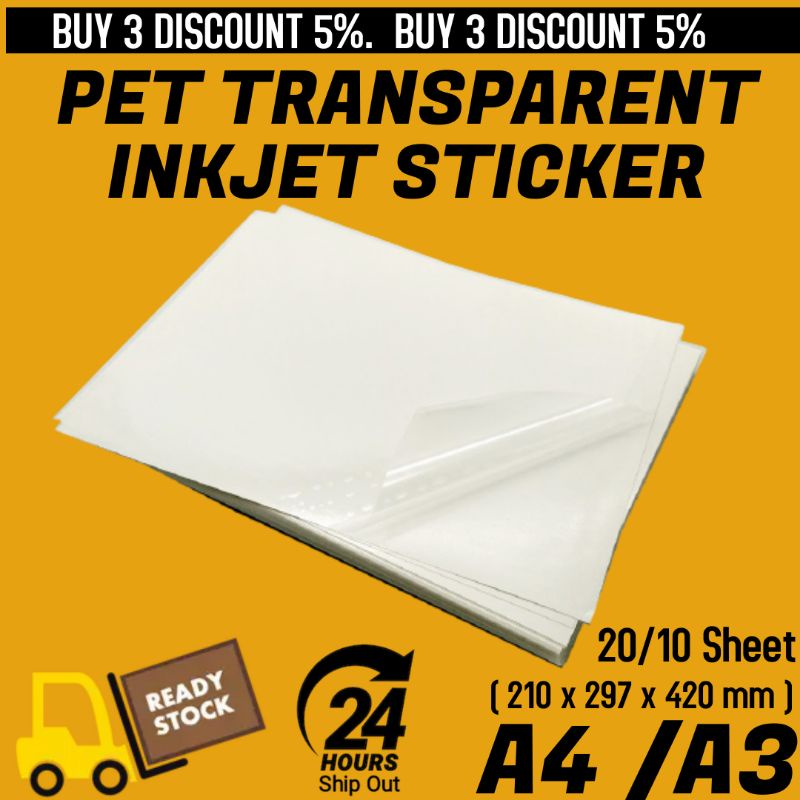 A4 Transparent Sticker Paper Clear PVC Pet Waterproof Label Printer Pelekat  For Laser / Inkjet Printer