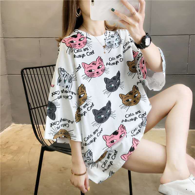 Korean Fashion Cat Print T Shirt Women Plus Size Oversized Shirts Cute  Short Sleeve Casual Hip Hop Streetwear