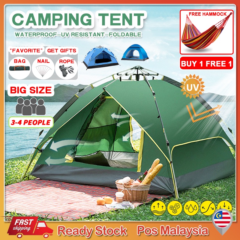 【Waterproof】 Khemah Camping Tent 3/4 Person Outdoor Tent Fast Pop Up ...