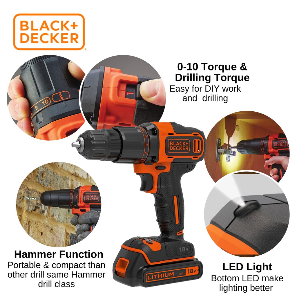 BLACK DECKER BDCHD18K Cordless Hammer Drill Powered by 18V Lithium With Case Shopee Malaysia