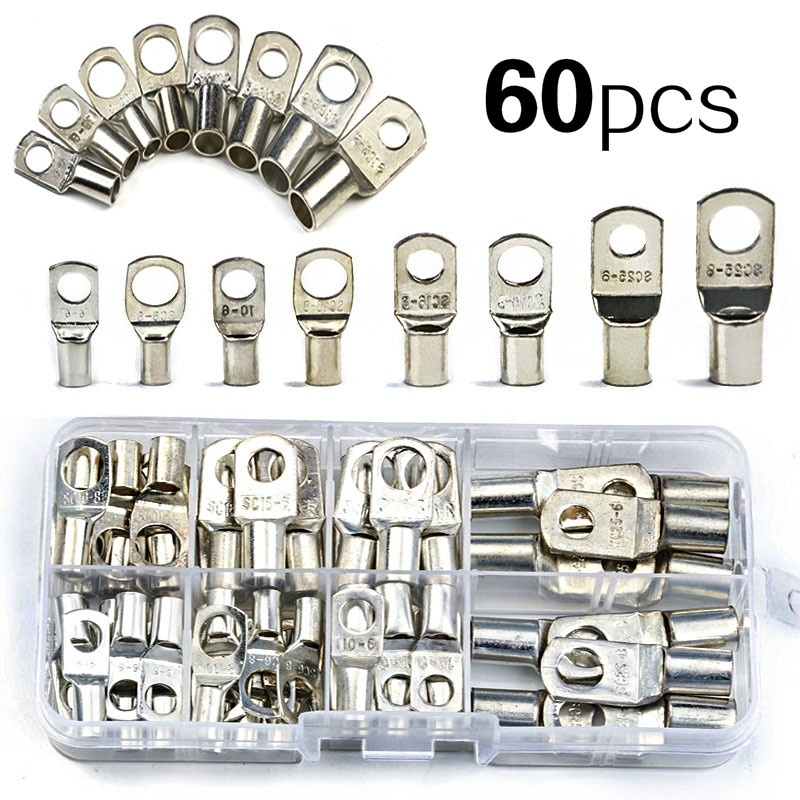 10060pcs Bolt Hole Tinned Copper Cable Ring Lugs Battery Bare Terminals Set Glimpse Copper Nose