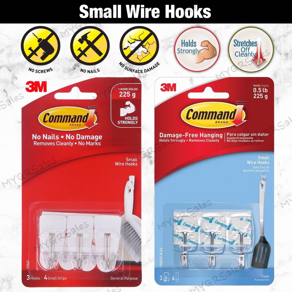 3M Command Small Wire Hooks 17067 (Holds Up To 225g) (3pcs/pck) Wall  Adhesive