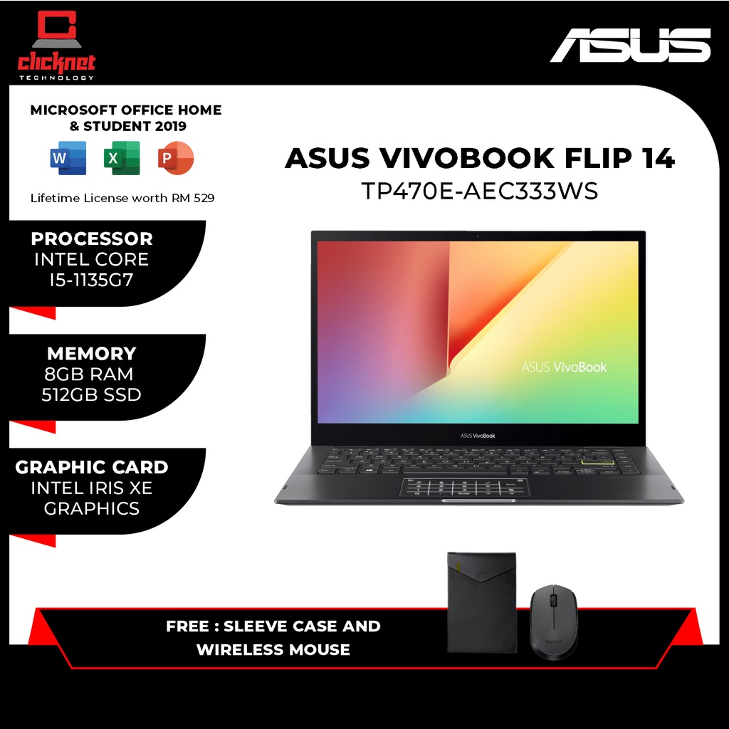 Asus Vivobook Flip 14 Tp470e Aec333ws I5 1135g7 8gb 512gb Ssd 140 Fhd Touch Intel Black 0942