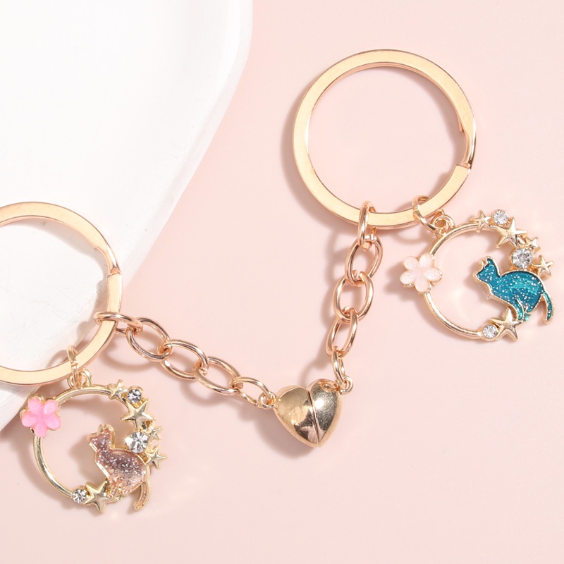 1set(2pcs) Cute Enamel Keychain Flower Cat Key Ring Heart Magnetic ...