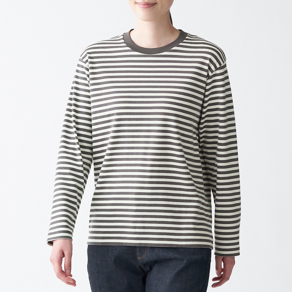 MUJI Indian Ladies' Cotton Interlock Crew Neck Border Long Sleeve Tshirt  PjZl