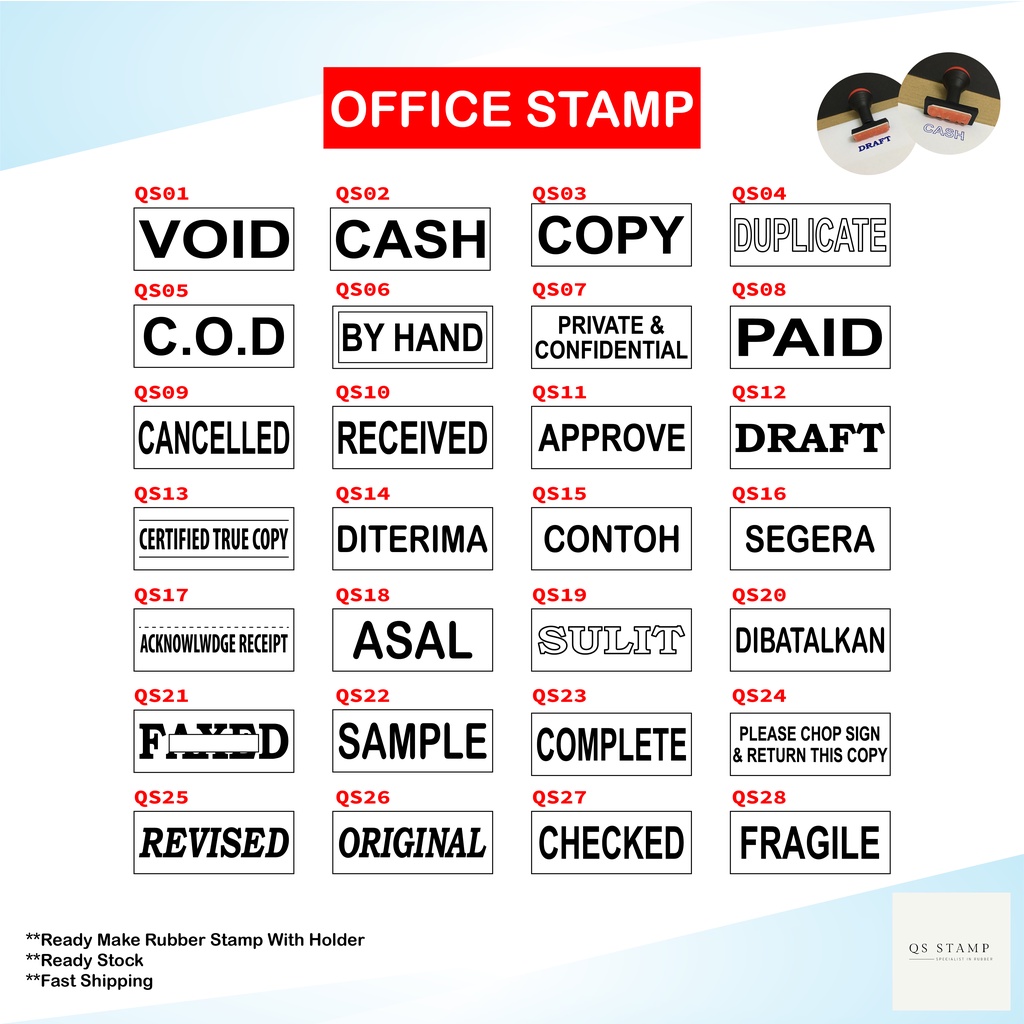 READY MADE OFFICE STAMP STOCK STAMP RUBBER STAMP CASH AVOID URGENT ORIGINAL CANCELLED COPY CTC RUBBER STAMP