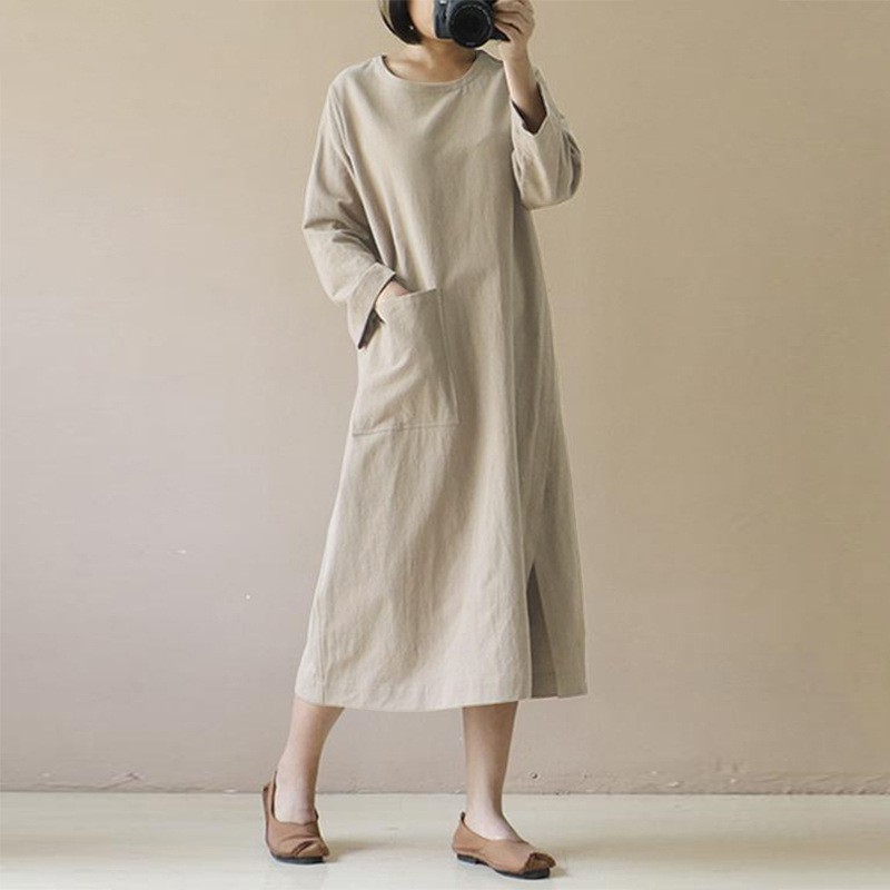 #107#Women's Plus Size 3/4 Sleeve Loose Cotton Long Dress | Shopee Malaysia