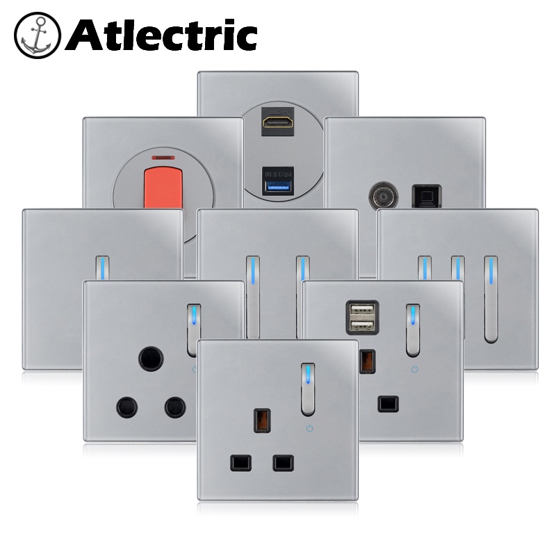 Atlectric Gray Grey Glass Panel Power Socket UK Plug Wall Outlet Light