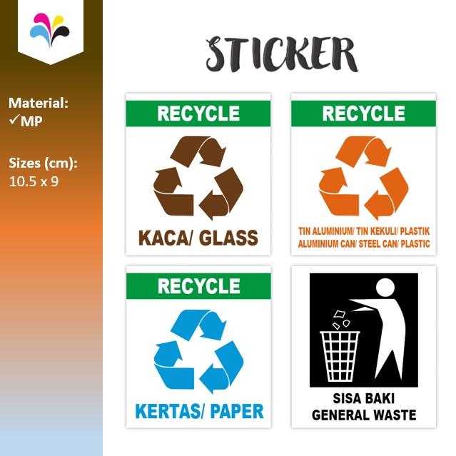 Recycling Label Sticker Recycle Kitar Semula Kaca Glass Tin Aluminium Can Steel Kekuli Plastic 4112