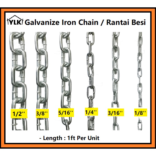 YLK【Sell By Kaki /Feet 】 GI Galvanized Iron Chain / Rantai Besi (1/8, 3 ...