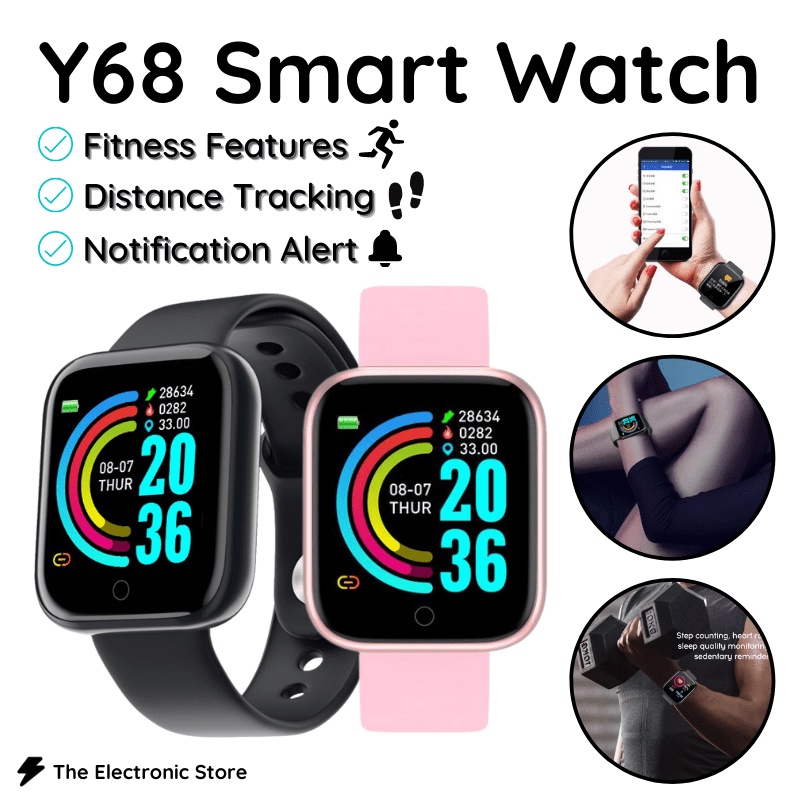 Y68 Smart Watch Bluetooth Waterproof Fitness Tracker Jam Tangan with Heart Rate Monitor Steps Counter Message Reminder