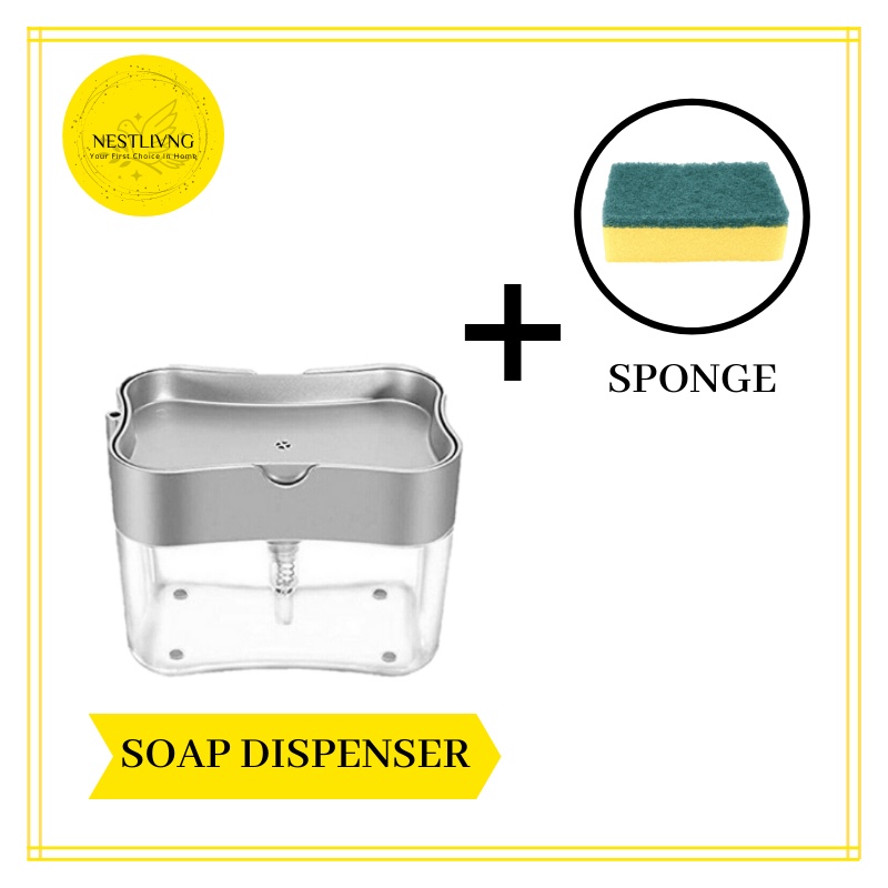 2 IN 1 SOAP DISPENSER PUMP SPONGE HOLDER LIQUID CONTAINER MANUAL PRESS ...