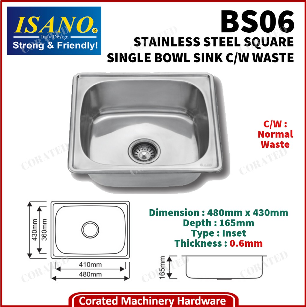 Corated Isano Stainless Steel Square Single Bowl Sink C W Waste Bs Shopee Malaysia