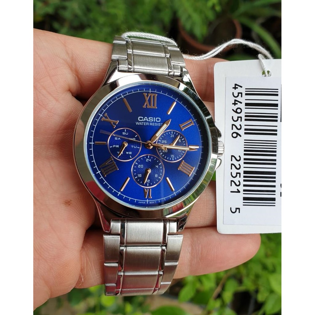 Original Casio MTP V300D 2A Blue Roman Analog Stainless Steel Gent Dress Watch