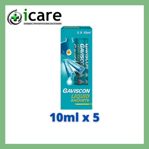 Curated visual reference: Visual Reference: Gaviscon Liquid Sachet Peppermint Flavour 10Ml X 5 Exp Date