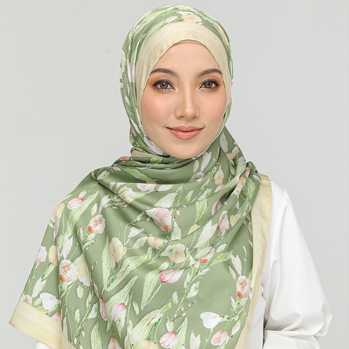 Tudung Wide Shawl Corak Watercolour Bunga Tulip - TULEEP Olivia (Green ...