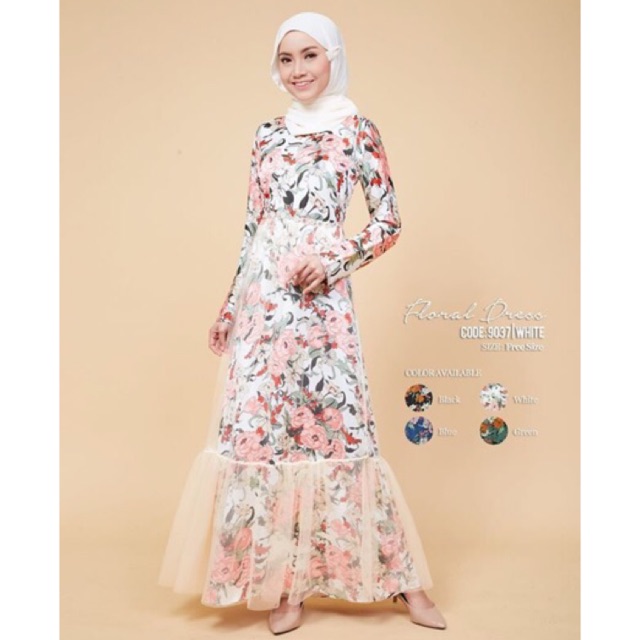 HOT 🔥 DRESS JUBAH DINNER MURAH CANTIK LABUH MUSLIMAH FLORAL BUNGA ...