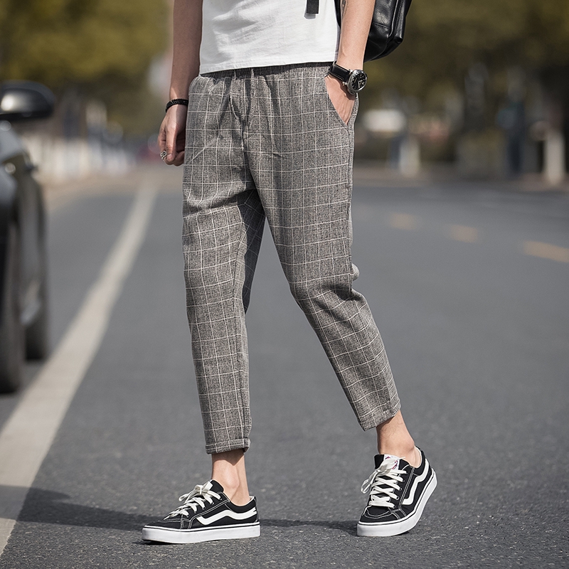 Mens casual street store plaid cropped pants